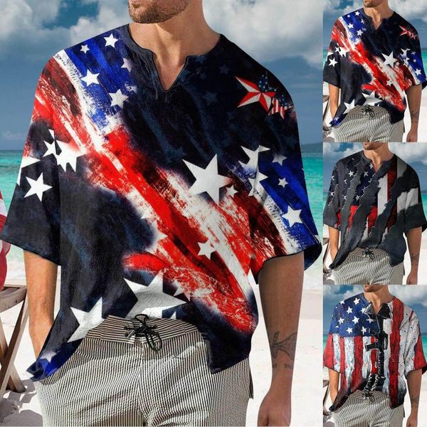 T-shirts pour hommes Drapeau du jour de l'indépendance d'été pour hommes Impression 3D numérique Bulle Tissu froissé Manches courtes Chemise unie grande et haute