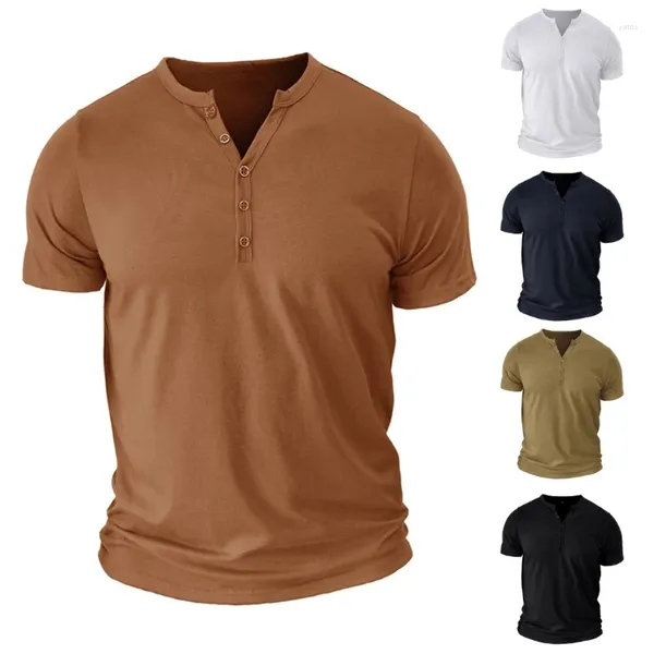 T-shirts pour hommes Hommes d'été à manches courtes boutonné col en V T-shirt couleur unie vêtements décontractés mode lâche coton stretch chemisiers haut