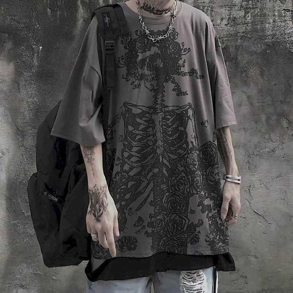 T-shirts pour hommes pour hommes 2023 Été à manches longues Gothic Skull lâche Ultra Fine Short Dark Anime Y2k Top H240425