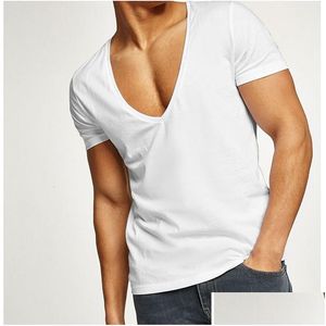 T-shirts pour hommes T-shirt d'été Y Zipper Tee Casual Chemises unies courtes Col en V profond Sport Coton Tees Blanc Hommes Tops S One Drop Deli Dhp0W