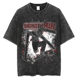 T-shirts pour hommes T-shirts pour hommes Anime Chainsaw Man Hommes T-shirtd 100% coton lavé T-shirt Unisexe Streetwear Rétro Tees Harajuku Casual Pochita Tops Y2K Vêtements 240327