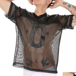 T-shirts pour hommes T-shirts pour hommes Pu Y Tops en résille Tee-shirt en faux cuir pour hommes T-shirt en maille transparente Clubwear Voir à travers le numéro à manches courtes Otuzv