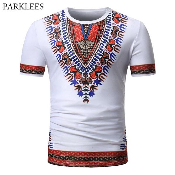 Camisetas para hombre Camisetas para hombre Camisa de manga corta ajustada blanca Moda para hombre Camiseta con estampado Dashiki africano Casual