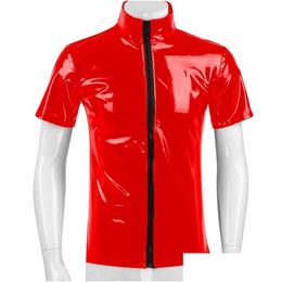 T-shirts pour hommes T-shirts pour hommes Y Chemise à manches courtes en cuir PVC brillant Érotique Sha Latex Manteau décontracté Mâle Brillant Métallique Brevet Tops Dro Dhj62