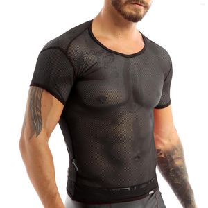 Hommes t-shirts hommes Transparent Sexy maille chemise voir à travers résille à manches courtes Muscle sous-vêtements discothèque haut de fête respirant