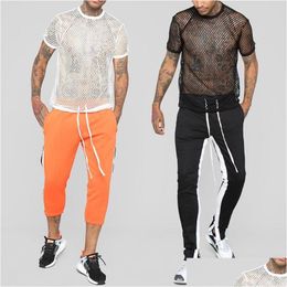 Heren T-shirts Heren Transparant Y Mesh T-shirt 2022 Nieuwe See Through Visnet Lange Mouwen Spier Hemdjes Nachtclub Party Voer Top Dhmlp