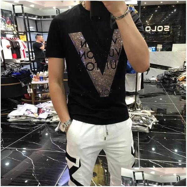 T-shirts pour hommes T-shirts pour hommes 2022 Nouveau coton mercerisé Vpattern Strass Designer Male Slim Casual Tees Black White Fashion Trend Dhp57