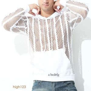 T-shirts pour hommes, maillot de corps pour hommes, vêtements Gay, chemise en maille transparente, manches longues, hauts à capuche, T-shirt Transparent Sexy 838