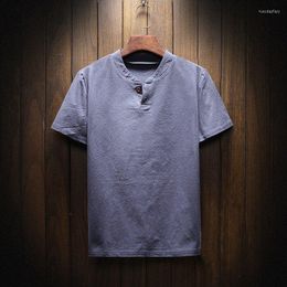 Camisetas para hombre Camiseta blanca para hombre Camisa de manga corta de lino estilo japonés de verano para hombre Camisetas informales con cuello en V finas y transpirables de talla grande