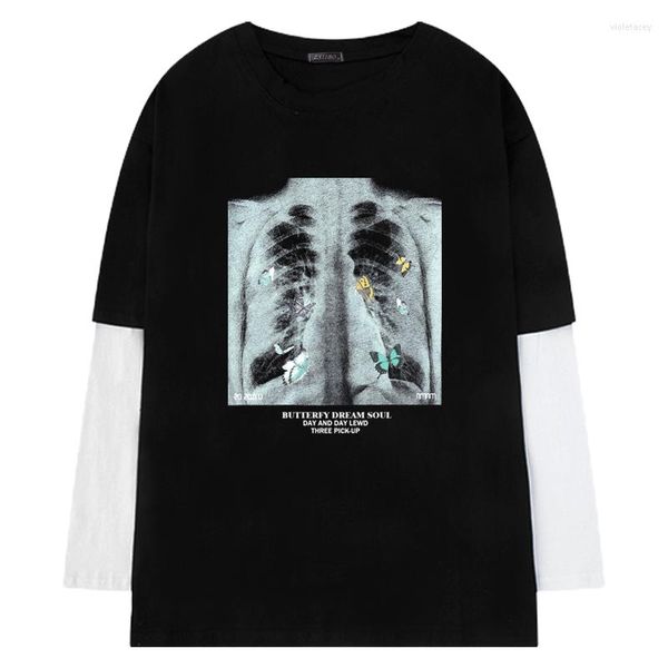 Hommes T-shirts Hommes Femmes Hip Hop Faux Deux Pièces Chemise Papillon Imprimer Vintage T-Shirt Streetwear Tshirt Tee Tops Harajuku Oversize