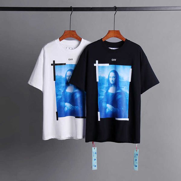 Camisetas para hombre marca Xia Chao Ow Off Mona Lisa pintura al óleo flecha manga corta hombres y mujeres Casual camiseta suelta grande