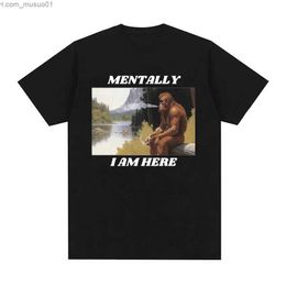 T-shirts masculins mentalement je suis ici singe drôle de mème T-shirt pour hommes et femmes rétro à manches courtes à manches courtes Y2K Clothingl2402