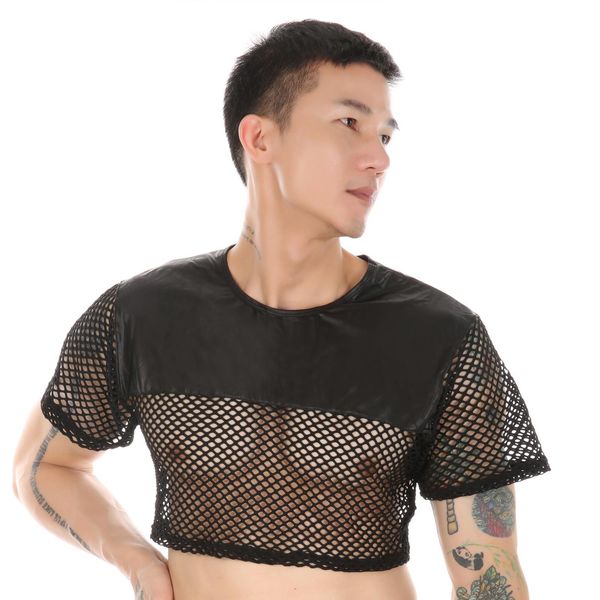 Camisetas para hombres Malla de encaje Ver a través de ropa de calle Camiseta Sexy de cuero transparente Mallas huecas Camisetas sexy Tops Camisetas de fiesta Camisetas