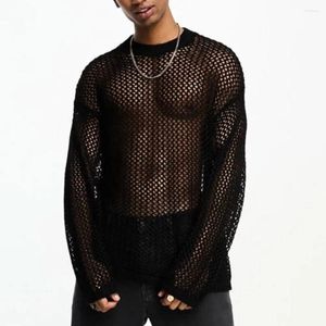 T-shirts pour hommes chemise en maille à manches longues épaule goutte évider tissé haut Streetwear mode mâle hauts grande taille hommes vêtements