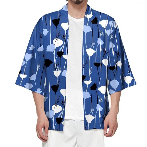 Camisetas para hombres Camisa metálica Camisa masculina Primavera y verano Cárdigan de manga semi larga fresco Todo estampado Impreso sin cuello Algodón para hombre