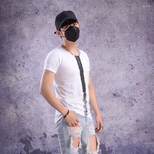 T-shirts pour hommes T-shirt mi-longueur mâle édition coréenne Hong Kong style long hip-hop mince mode d'été hommes demi-manches jardin pend