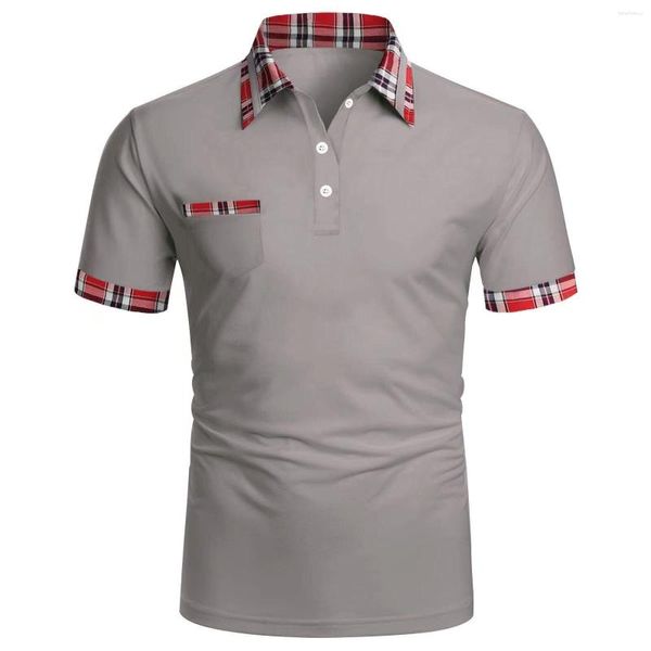 T-shirts pour hommes minimaliste couleur assortie bouton poche polo à carreaux à manches courtes tenue d'été