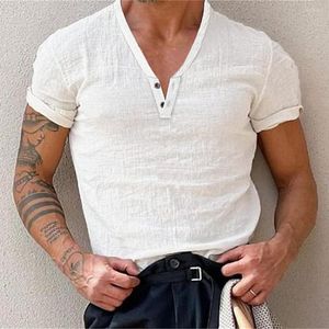 T-shirts pour hommes modernes hommes hauts col en v boutons décolleté chemise à manches courtes couleur unie Slim Fit Fitness pull vêtements de travail