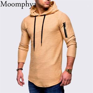 Moomphya Mannen T-shirt Met Capuchon Lange Mouw Rits T-shirt Longline T-shirt Streetwear Hip Hop Tee Kleding 20211295i