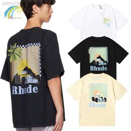 Camisetas para hombres Moonlight Tropics Rhude camiseta hombres mujeres mosaico impresión moda suelta casual verano Rhude negro blanco albaricoque manga corta