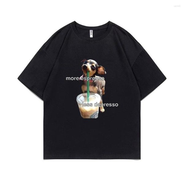 Camisetas para hombres más espresso menos depresso estampado estampado para perros divertidos beber café camiseta gráfica hombres mujeres de alta calidad algodón puro