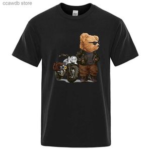 T-shirts hommes moto ours en peluche portant des lunettes de soleil t-shirt hommes femmes drôle tee vêtements coton surdimensionné hauts hip hop lâche t-shirt décontracté T240105