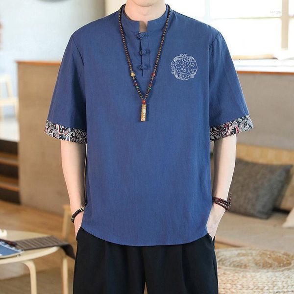 Camisetas para hombre MrGoldenBowl 2023, camiseta de lino y algodón, camiseta de estilo chino con bordado estampado para mujer, camisetas de manga corta de talla grande