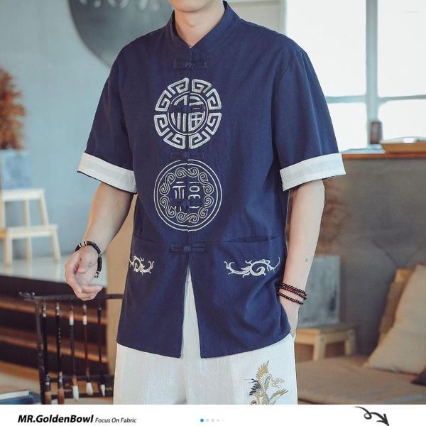 Camisetas para hombre MrGoldenBowl, camisa fina de lino y algodón de estilo chino para hombre, camiseta bordada de manga corta de gran tamaño 2023, hebilla colorida para hombre