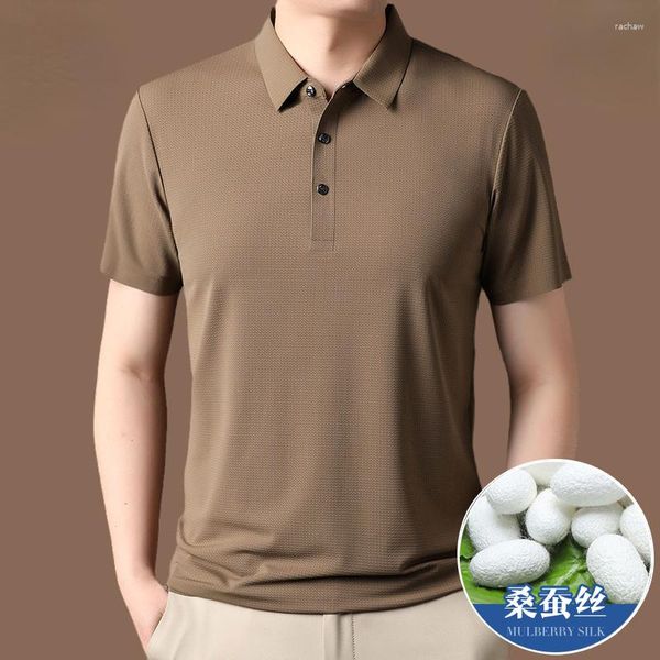 T-shirt à manches courtes en soie de mûrier pour hommes, Polo décontracté et fin à la mode, été 2023