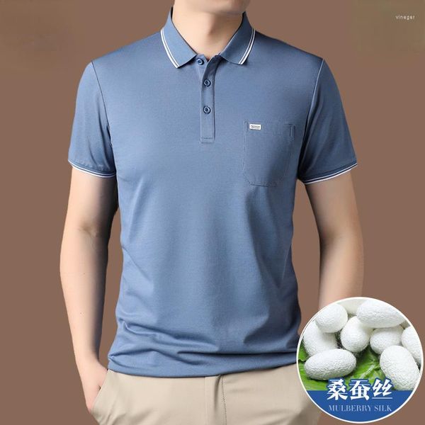 T-shirts pour hommes, Polo à manches courtes en soie de mûrier, avec poche, été 2023