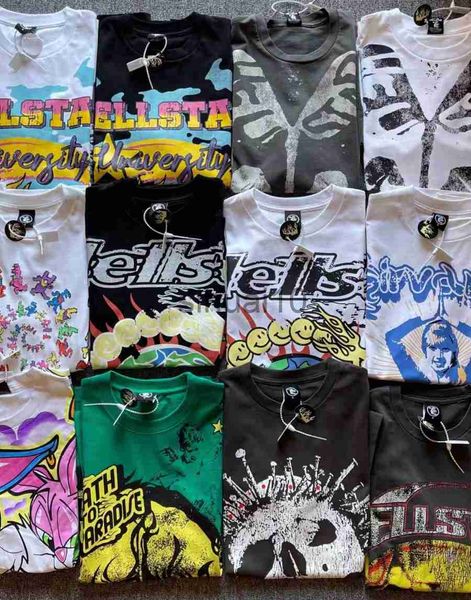 Camisetas de hombre Multi Color Hellstar Camiseta Verano Nueva llama Letra abstracta Imprimir HELLSTAR Hombres Mujeres Camiseta de manga corta suelta Foto real J230731