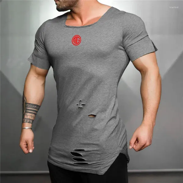 Camisetas para hombres Muscleguys Marca Extender Camisa larga Hombres Moda Vintage Hole Hip Hop Fitness Camiseta Verano Manga corta Slim Fit Gimnasios Camiseta