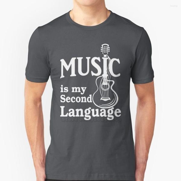 Camisetas para hombre La música es mi segundo idioma Guitarra Texto blanco Camiseta de manga corta Harajuku Hip-Hop Tee Tops