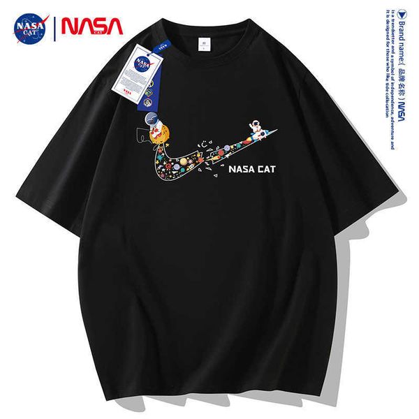 Camisetas para hombres NASA Co Marca Camiseta de manga corta para hombre Verano Algodón puro Media manga suelta Tamaño grande Pareja Versátil Marca de moda Camisa inferior