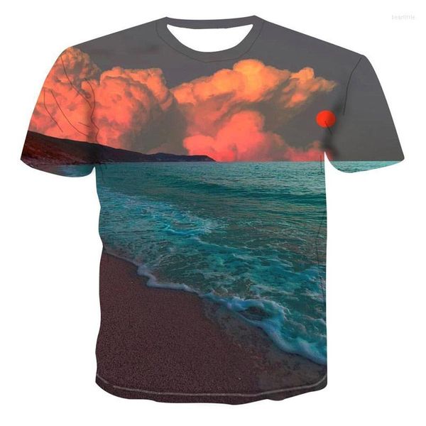 Camisetas para hombre con diseño de paisaje Natural, camiseta informal bonita con estampado 3D, camisetas gráficas de paisaje de atardecer de verano a la moda para hombre