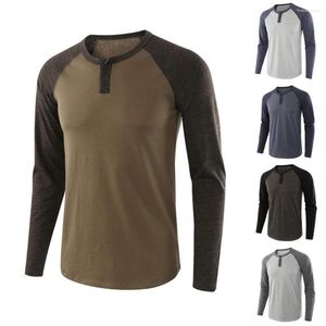 T-shirts pour hommes Long Long Raglan Sleeve Color Block T-shirt Buttons Pullaver