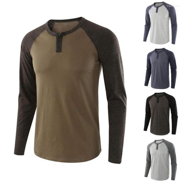 T-shirts pour hommes Long Long Raglan Sleeve Color Block T-shirt Buttons Pullaver