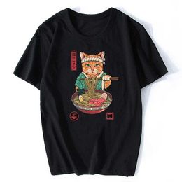 T-shirts masculins Neko Ramen Japan Cat Anime T-shirt Mens High Quty esthétique Coton Cool Vintage T-shirt Harajuku Strtwear Camisetas Hombre T240425
