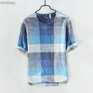 T-shirts hommes Nouveau designer coton et lin art plaid hommes chemise lâche chemises de mode rétro pour hommes à manches courtes lin haut hommes camisa masculinaL240110