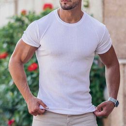 T-shirts pour hommes New Elastic Men T-shirt Shorts Sleeve Solid Vertical Stripe Round Neck Mens Muscle Sports Tshirts Summer Male Casual Tees Tops L230715