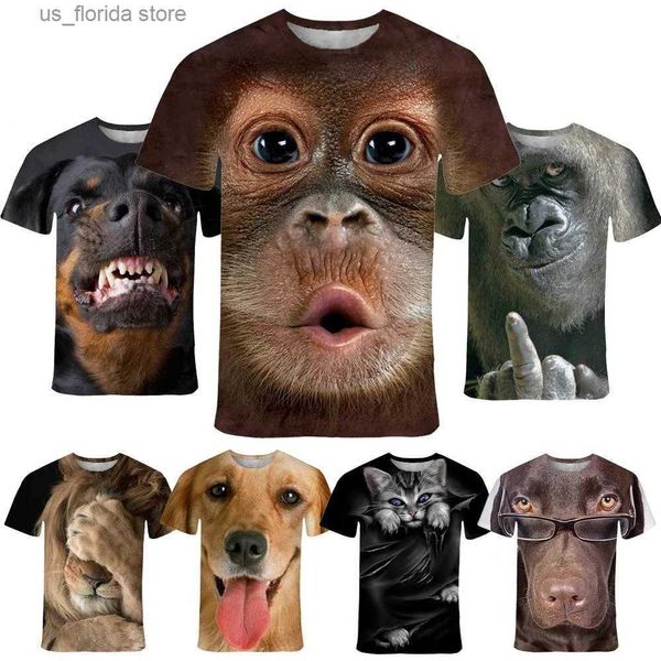 T-shirts pour hommes Nouvelle mode Animal Face 3D T-shirt imprimé Hommes et femmes Été Casual Short Slve Singe Chien Chat Lion Animal Imprimer Chemise Y240321