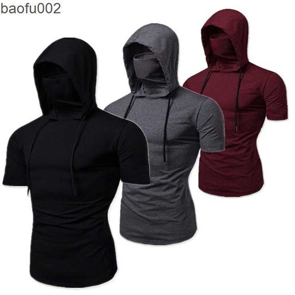 Camisetas para hombres Nueva camiseta con capucha Hombres Estilo de moda Personalidad Estiramiento Ocio Camisa deportiva Traje Ninja Camiseta de manga corta Máscara Traje Tops W0322