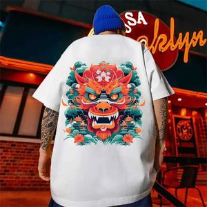 T-shirts masculins Nouveaux hommes courts slve tshirt coton homme marée marque nationale de style chinois dragon motif t-shirt lâche pour hommes t240505