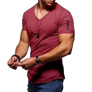 T-shirts voor heren Nieuwe heren T-shirt Solid Color Zipper Pocket V-Neck korte mouw T-shirt Set Plus size tee-stijl zomer Top 2021 S-5XL D240509