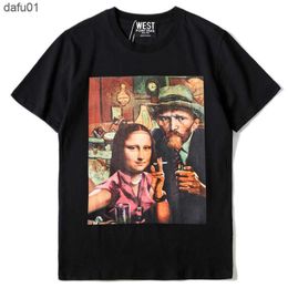 Camisetas de hombre nueva novedad 2021 hombres fumando Mona Lisa camisetas camiseta Hip Hop Skateboard Street algodón camisetas camiseta Top Kenye #033 L230520 L230520