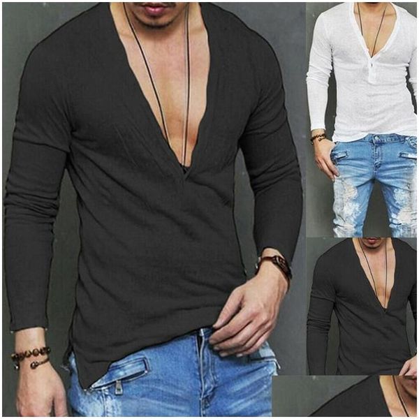 T-shirts pour hommes Nouveau Style Mode Hommes Casual Manches Longues Slim Fit Chemises Deep V Neck Line Shirt Top T-Shirt Drop Delivery Vêtements Hommes Dhpzz