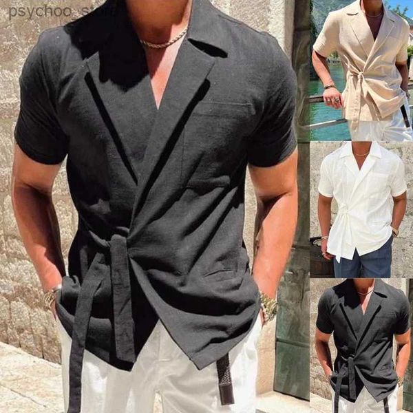 Camisetas para hombres Nuevo verano Color sólido Camisa de manga corta para hombre Correa de solapa Francés Elegante Caballero Suelto Casual Tops simples Ropa para hombre Q240130