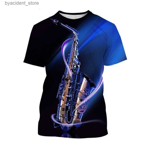 Camisetas para hombres Nueva marea de verano Moda Patrón de saxofón Hombres Camisetas Casual Camisetas con estampado 3D Hip Hop Personalidad Cuello redondo Tops de manga corta L240304