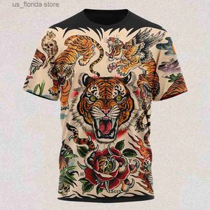 T-shirts pour hommes Nouveau t-shirt couleur tête de tigre à manches courtes T-shirt cool col rond imprimé 3D chemise décontractée à manches courtes vêtements surdimensionnés Y240321