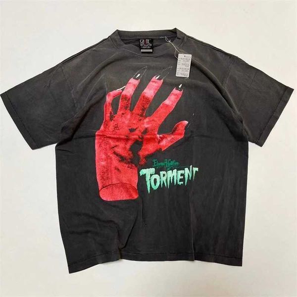 Camisetas para hombres New Washed Black Saint Michael T Shirt Hombres Mujeres Red Ghost Hand T-shirt Tops Tee Y2K J240221